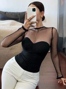 Livesso Women's Polka Dot Mesh Patchwork Long Sleeve T-Shirt, Sexy Party Wedding , Suitable For Spring, Summer, Autumn,Fall Women Clothes - Black - View 3