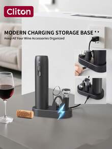 CLITON Electric Wine Opener With Storage Base,Cordless Electric Wine Bottle Opener With Pourer, Foil Cutter, 1 Vacuum Preservation Stoppers, Easy Storage,Electric Wine Opener Set With Storage Base, Reusable Automatic Wine Bottle Opener With Led Light, Portable Corkscrew With Pour & Preserver Vacuum Stopper, Foil Cutter, Black - Black - View 3
