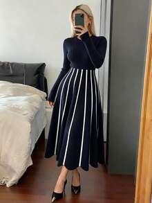 Livesso 女士优雅撞色条纹针织连衣裙，秋季长款连衣裙 - 藏蓝色 - 查看 3