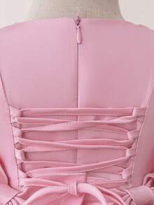 Baby Girls' Round Neck Bow Tie Back Ribbon Satin Cute Birthday Party Puff Dress, Suitable For Flower Girl, Wedding, Holiday, Does Not Include Headband - Pink - View 9