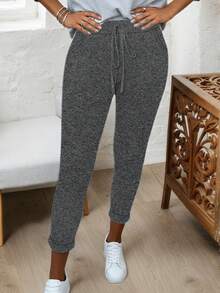 大码女式紧身瑜伽裤，黑色柔软弹力休闲裤，适合春、夏、秋季通勤，修身剪裁带口袋，时尚运动服 - 深灰色 - 查看 3