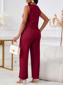 2 件套女士休闲优雅无袖上衣和裤子套装，带斜口袋和纽扣细节 - 深紅 - 查看 4