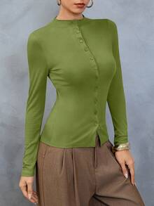 Women's Elegant Button-Up Casual Solid Color Vintage Slim Fit Sexy Top T-Shirt - Green - View 2