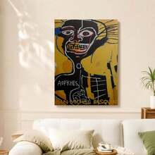 Framed 1pc Framed Jean-Michel Basquiat Cabeza 1984 Art Poster - Vibrant Yellow & Blue Abstract Face Canvas Wall Art, Modern Minimalist Decor For Living Room, Bedroom, Office, Bathroom, And Hallway, Easy To Hang, Canvas Wall Art, Basquiat, Poster, Wall Picture, Framed Picture For Immediate Hanging, Framed Wall Decoration - 框架 - 查看 4