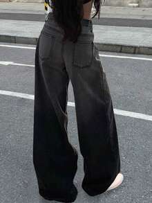 سراويل جينز نسائية بغسيل أومبري أسود، سراويل فضفاضة ذات ساق مستقيمة، سراويل ساق واسعة كاجوال، للربيع والصيف