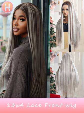 Beige Highlight Color Straight Extra Long Hair - Long Heat-Resistant Synthetic Wig, Suitable For Women, 13X4 Lace Front Wig With Baby Hair 30 Inch Split Wig - Party Costume, Daily Wear, Colorful Wig, Music Festival Halloween Costume Wig