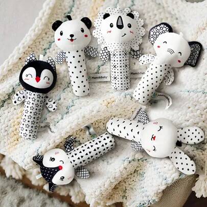 Black & White Baby Rattle Toys, Cartoon Animal Shaped Paper Stick Shaker, Suitable For 0-3 Years Old Infants