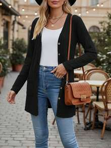 女士休闲纯色双口袋针织开衫毛衣外套，秋冬 - 黑色 - 查看 1
