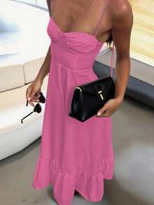 女士新款无袖系带优雅沙滩露肩宽松长裙，波西米亚性感露背休闲A字连衣裙，春夏秋季 - 玫紅色 - 查看 3