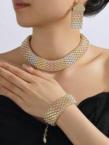 1 set de bijoux vintage dorés pour femmes, fabriqués en matériau composite de fer, comprenant un collier, des boucles d'oreilles et un bracelet colorés, convenant pour les vacances, les mariages et les fêtes - Doré - Voir 7