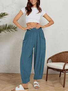 Women's Casual Solid Color Double Pocket Harem Pants - Blue - View 1
