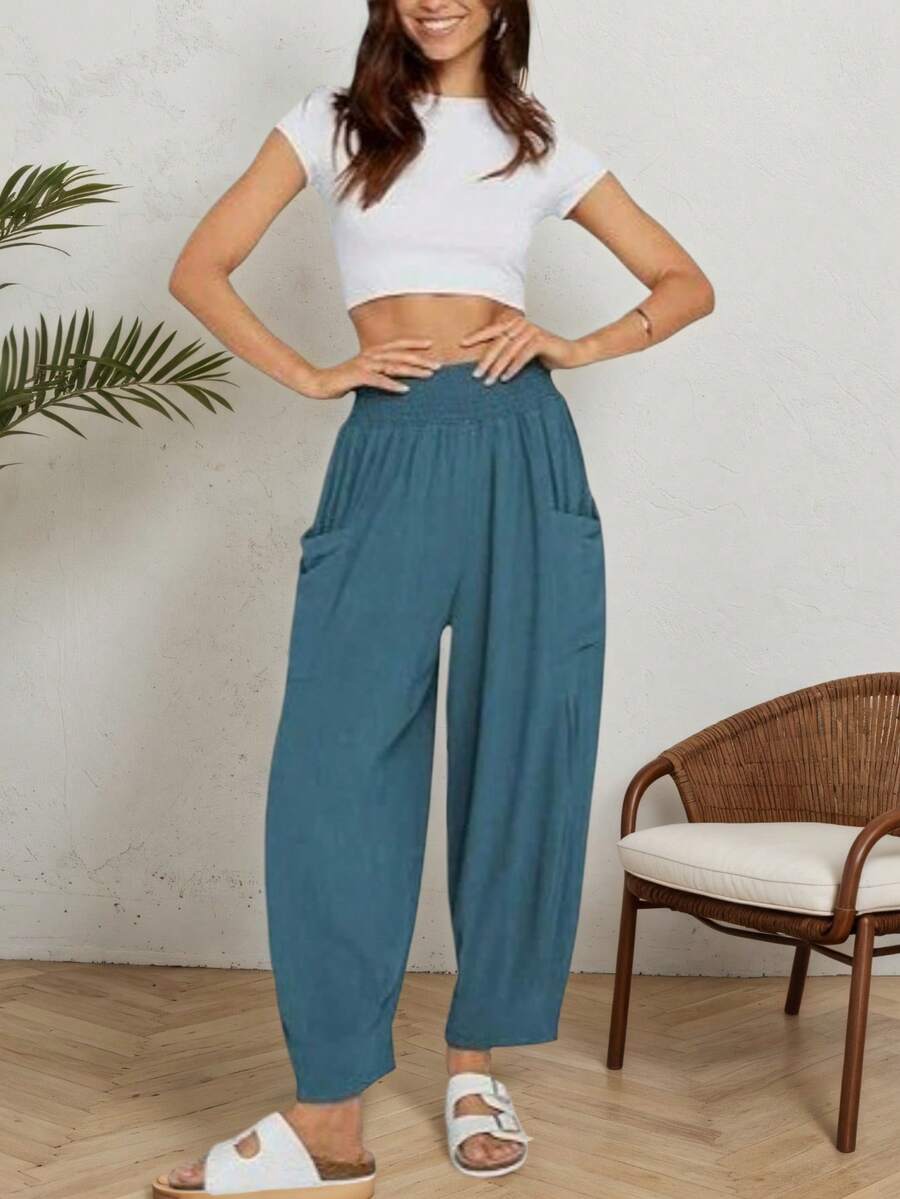 Women's Casual Solid Color Double Pocket Harem Pants - Blue - View 1