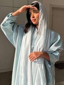 1 pezzo di elegante abito blu lucido stile arabo, cardigan elegante e raffinato con apertura anteriore, adatto per occasioni versatili quotidiane, festival e viaggi primaverili - celeste - Visualizzare 3