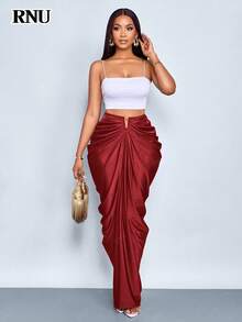 RNU 优雅女士派对时尚酒红色褶裥修身深V领缎面针织中长裙，适合情人节、狂欢节、新年、感恩节派对等场合。 - 紅色 - 查看 7