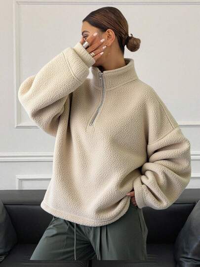 Livesso 半拉链落肩抽绳下摆泰迪熊卫衣，女士晚秋休闲拉链长袖漏斗领宽松常规杏色落肩半开襟女式连帽衫，长袖上衣，抓绒内衬