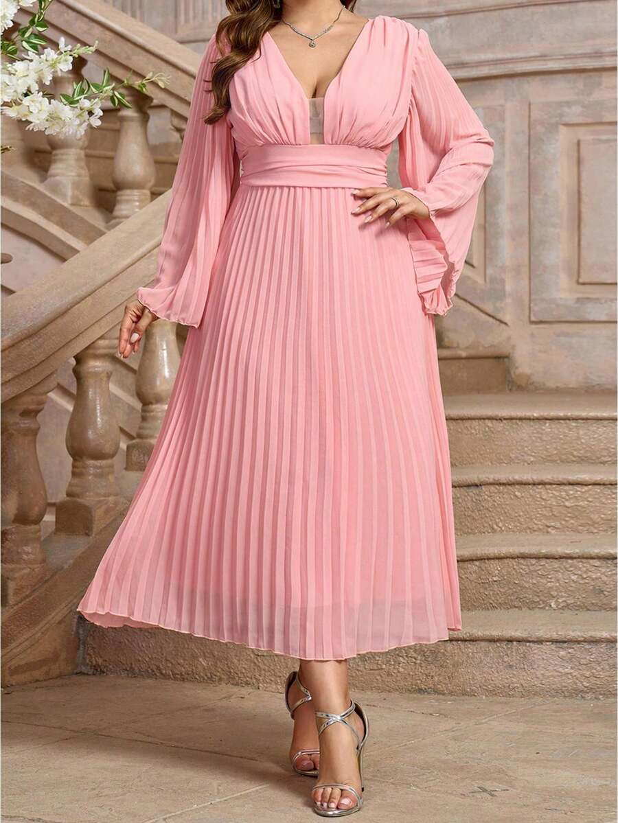 Womens Fall Plus Size Dresses Stylish Solid Pleated Backless V Neck Long Sleeve A-Line Long Dress - Pink - View 1