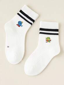 随机赠送1/5双儿童卡通趣味印花袜子套装，图案包括猴子、香蕉、恐龙、鲨鱼和咖啡女郎，可爱平行条纹设计，学生必备袜子 - 彩色 - 查看 5