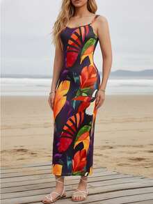 Women's Casual Vacation Parrot & Turtle Print Beaded Spaghetti Strap Mid-Length Dress - Date Outfit - Tropical Elegant Dress For Women(JH25008) - Multicolor - View 10