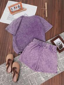 2 peças/Conjunto Roupa de Verão de Algodão Feminina, Estilo Básico Vintage Coreano Versátil para Uso Diário, Adequado para Lazer ao Ar Livre, Camiseta de Manga Curta Roxa Ajustada de Estilo Punk Regular e Shorts - Roxo - Visão 2