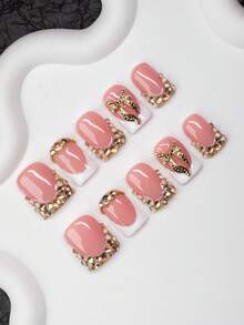 10片/套 手工方形美甲贴片，法式贴片，蝴蝶结和水钻装饰，Y2K 酷炫风格，裸色和白色，适合派对、婚礼、日常佩戴，包含美甲工具，是送给女性和女孩的绝佳礼物。 - 彩色 - 查看 1