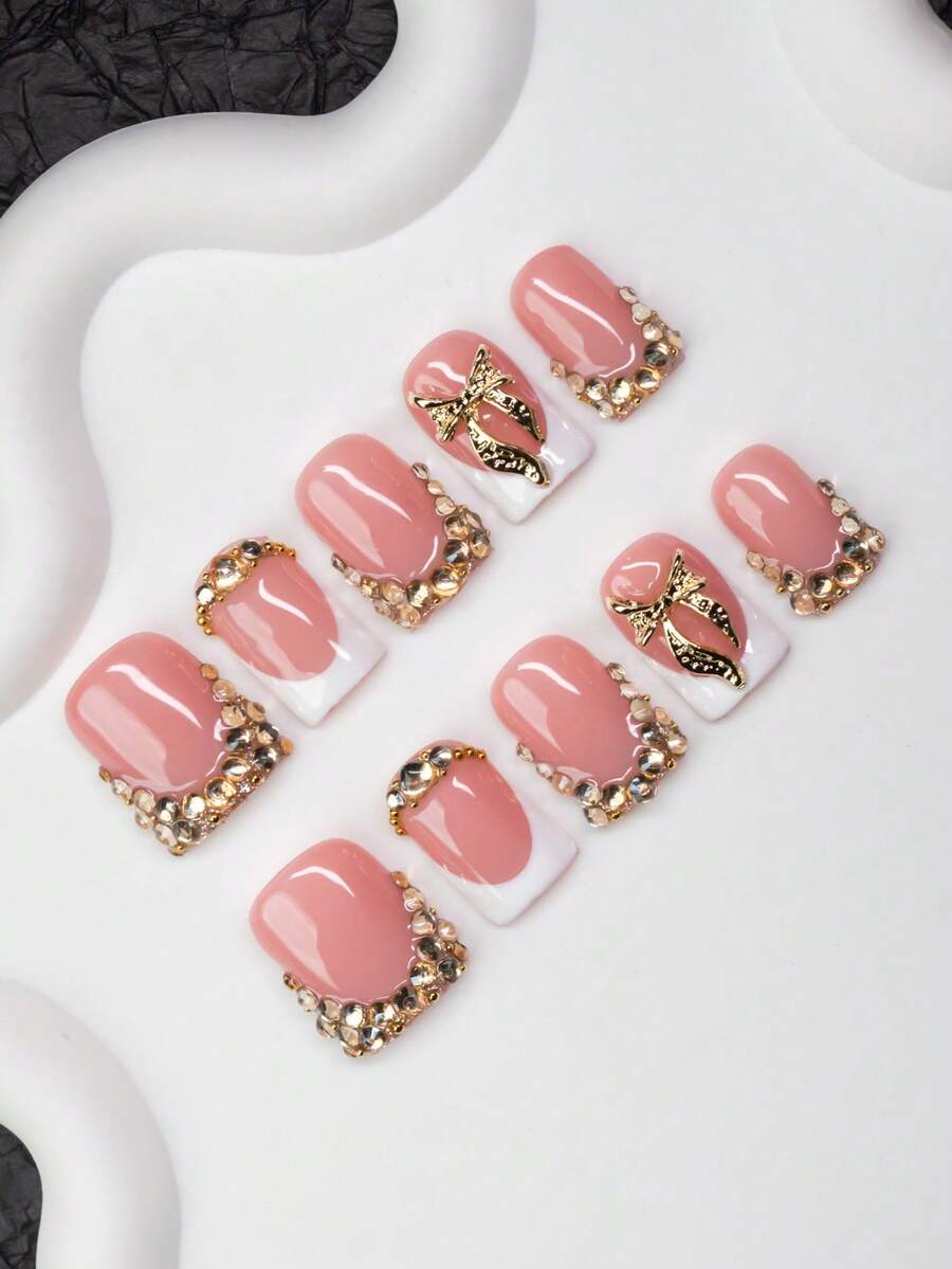 10片/套 手工方形美甲贴片，法式贴片，蝴蝶结和水钻装饰，Y2K 酷炫风格，裸色和白色，适合派对、婚礼、日常佩戴，包含美甲工具，是送给女性和女孩的绝佳礼物。 - 彩色 - 查看 1