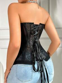 1 pieza Parte superior de corsé tipo bustier para mujer, entallado, con cordones, sin tirantes, elegante para fiestas, uso ceñido, sin mangas, parte superior para busto