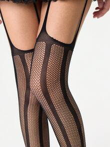 1Pair Women's Sexy Minimalist Y2K Black Suspender Stockings - Thin Elastic Sheer Vertical Line Patterned Pantyhose, High Elastic Breathable Skin-Friendly Hosiery, Sensual Form-Fitting Tights For Daily Wear, Parties, Dates & Y2K  Outfits, Lightweight Stretch Adaptive To Multiple Body Types - 黑色 - 查看 5
