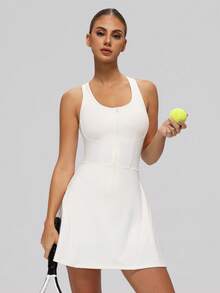 MASKERT Váy tennis nữ không tay khóa kéo trước dáng chữ A, váy tập gym, váy yoga, váy chạy bộ, leo núi, bóng chuyền, cầu lông, váy thể thao hoạt động ngoài trời - trắng - Xem 7