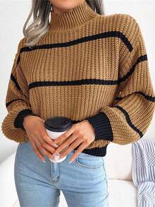 Casual Striped Lantern Sleeve Half High Neck Knitted Sweater Mujer Nuevo jersey de punto con cuello medio alto, estilo europeo y americano, para mujer, prenda exterior, a rayas, colores contrastados, moderno, cálido, cómodo, holgado, cuello alto. - Caqui - Ver 3