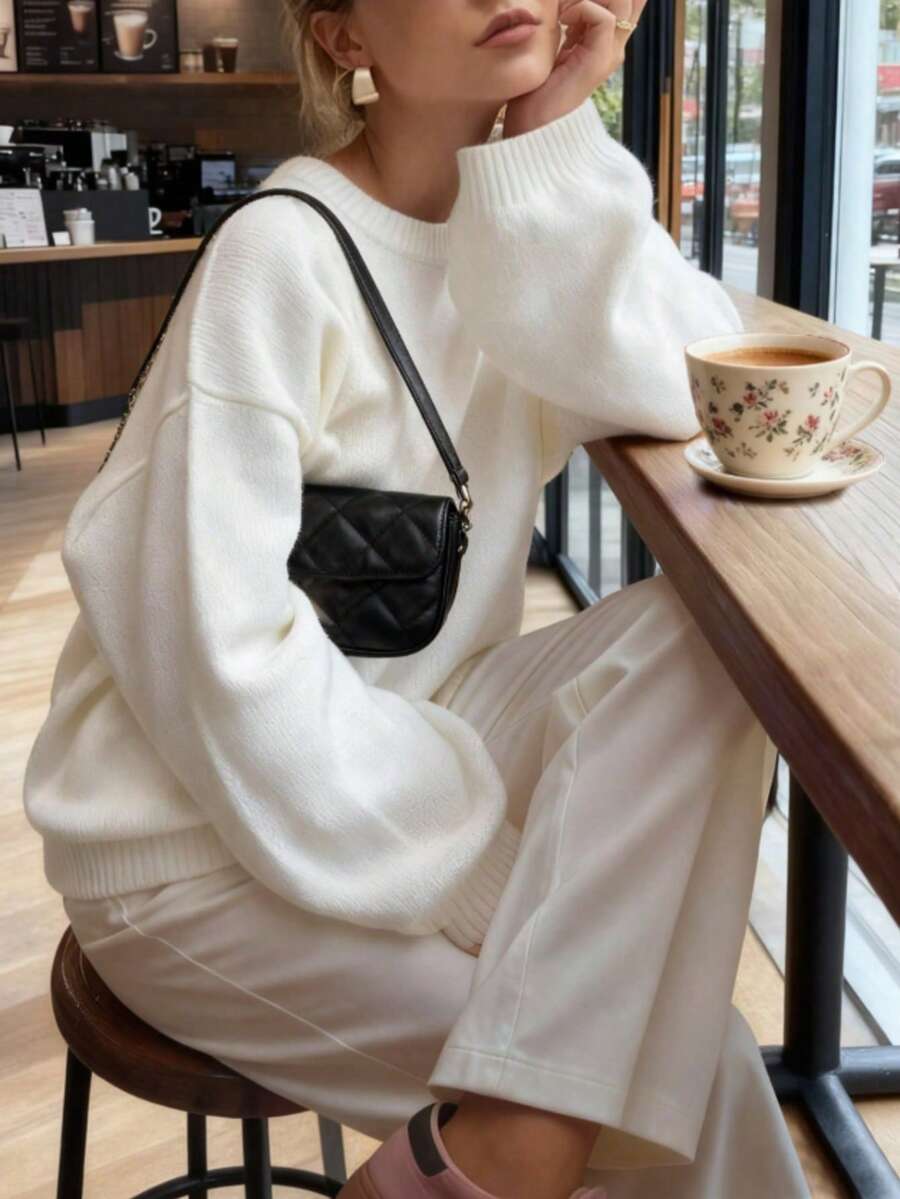 FOR BEAUTY 女士春秋冬新款针织套头毛衣，简约优雅休闲风，白色圆领长袖毛衣，新年版 - 白色的 - 查看 1