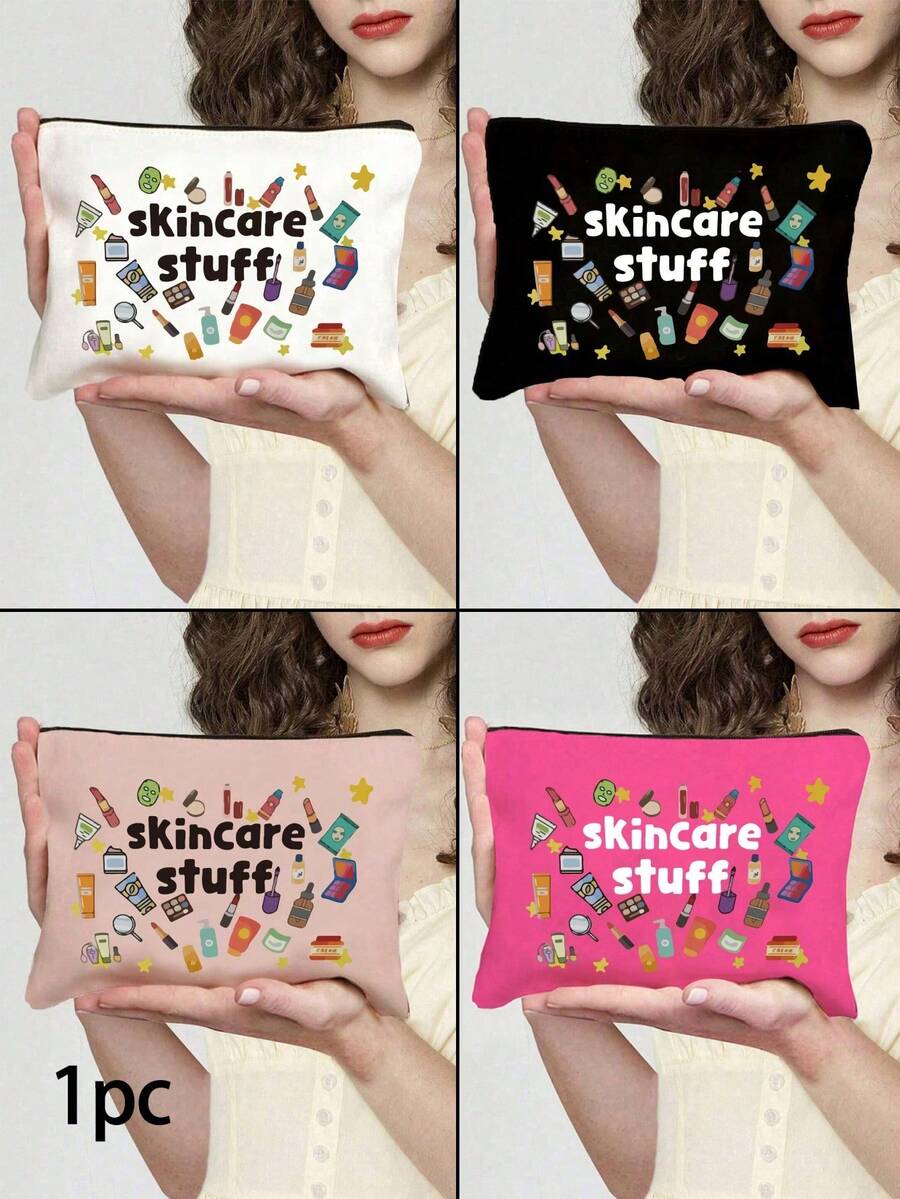 时尚化妆包，印有“护肤品”字样 - 拉链化妆品收纳袋，男女通用多功能旅行配件，无异味轻便设计，大容量化妆包，女生洗漱包，旅行用品，姐妹朋友送礼佳品，收纳袋，洗漱包，手提包，女生礼物，便携式折叠收纳袋，外出旅行必备（四色可选），圣诞节，情人节礼物 - 彩色 - 查看 1