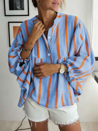 قميص كاجوال للنساء كبيرات الحجم، بطراز رجعي، بسيط، عتيق، قميص أمريكي طويل، مخطط، ألوان متباينة، أكمام مكشكشة، رقبة على شكل حرف V، فضفاض، أزرار أمامية، قميص فضفاض بهامش مكشكش مناسب للخروج والعطلات