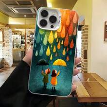 Cubierta de telefono con diseño de lluvia y paraguas colorido para iPhone 14 Pro Max funda de silicona suave con estampado de pareja bajo la lluvia estilo acuarela para uso diario en cafeterias y salones - Blanco - Ver 7