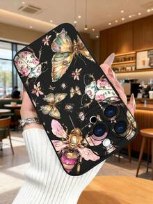 1 pieza Funda de teléfono con diseño de mariposas y escarabajos decorados con flores y piedras preciosas, estilo artístico surrealista ideal para amantes de la naturaleza y el arte creativo, protección elevada para lente con diseño de ojo, resistente a golpes, compatible con iPhone17 ProMax/16/15/14/13/12/11/Plus/Pro/ProMax, compatible con Galaxy A34/A35/A54/A55, Galaxy S20/S21/S22/S23/S24/S25 Ultra/Plus, compatible con Galaxy/Redmi/Honor/OPPO/ViVo - Negro - Ver 4
