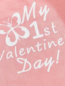 Conjunto de 4 piezas para bebé niña con estampado de letras, mono de manga larga, pantalones de mariposa, diadema con lazo y sombrero para el Día de San Valentín - Rosa - Ver 5
