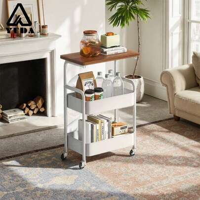 YUDA Carro Almacenamiento Multiusos De 3 Niveles Mesa De Madera,Carrito de Almacenamiento de Metal de 3Niveles, Carrito de Servicio Multifunción,Carrito de Metal con Ruedas Bloqueables, para Sala de Estar, Cocina,Baño,Oficina,Etc.1 pieza Carrito de utilidad metálico de 3 niveles, carrito con ruedas con cubierta de madera, organizador de almacenamiento con ruedas con ruedas bloqueables para cocina, oficina, dormitorio, almacenamiento de papelería, libros, cosméticos, juguetes, refrigerios, documentos, se puede colocar debajo del escritorio o al lado de la cama, carrito de utilidad versátil y ahorra espacio para apartamentos pequeños