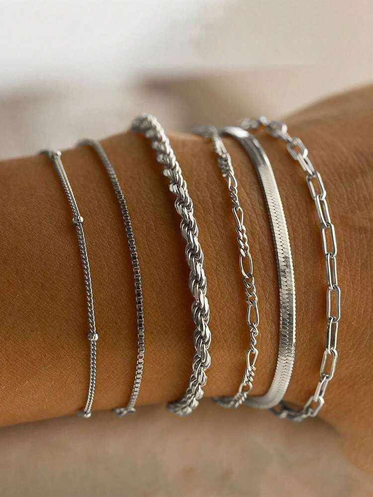 6 Pieces Of Bracelet Set, Alloy Round Bead Chain Box Chain, Simple And Fashionable Bracelet, A Versatile Jewelry Collection Suitable For Daily Wear, Including Paper Clip Chain, Herringbone Chain And Figaro Chain Design Valentine's Day Accessories - Multicolor - View 12