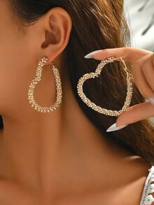 1 Pair Women's Elegant Rhinestone Heart Design Earrings, Versatile For Party Wear - Gold - View 2