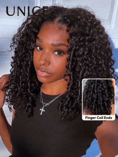  Wigs 13x4 Lace Front Pre Everything Pre Cut Pre Bleached Pre Plucked Curly Texture Premium Hair Drawstring Wig With Finger Coil Ends Effortless Breathable Natural Black Fit All Head Sizes Transparent Lace 100% Human Hair Can Be Dye Frontal Wig For Women Unice Hair