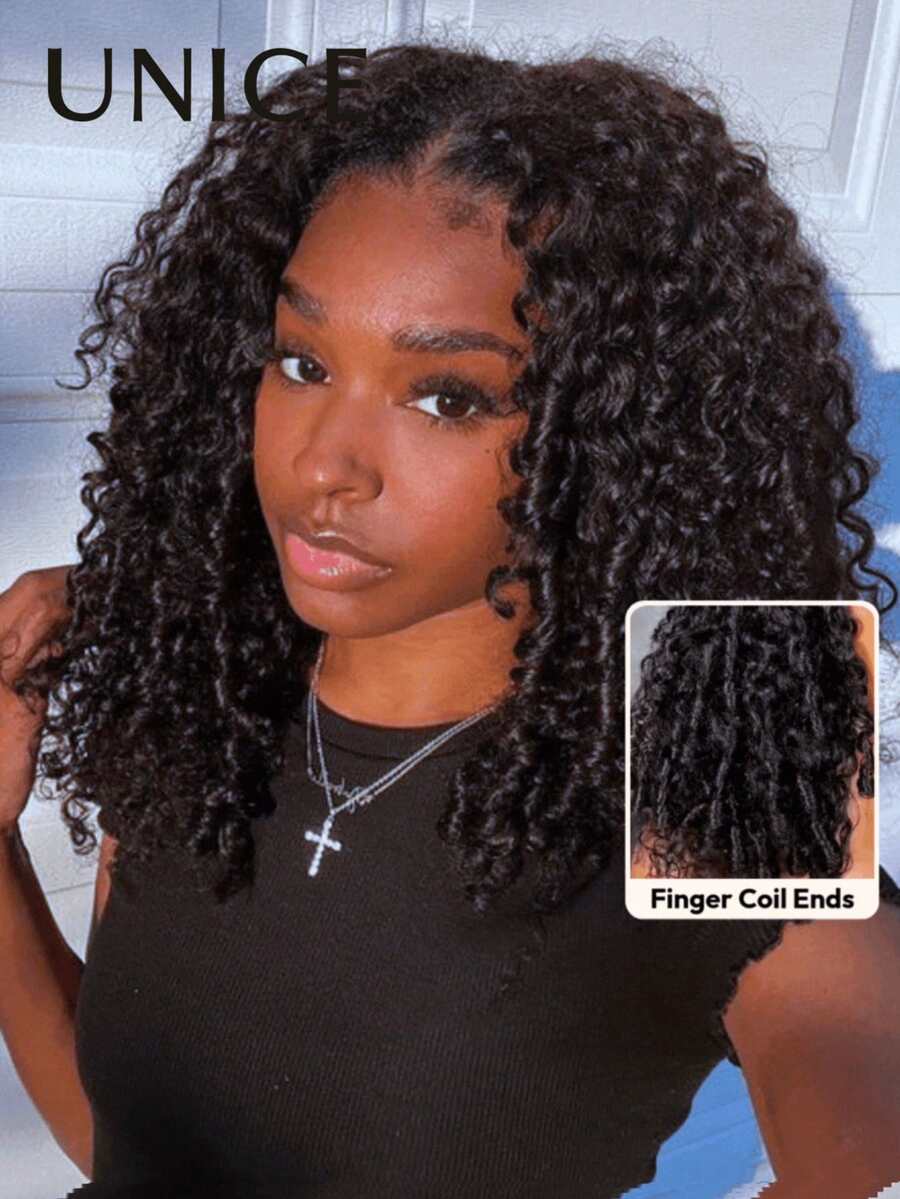 Perücken 13x4 Lace Front Pre Everything Pre Cut Pre Gebleicht Pre Gezupft Lockige Textur Premium Haar Kordelzug Perücke Finger Spiralenden Mühelos Atmungsaktiv Natürliches Schwarz Passend für alle Kopfgrößen Transparente Spitze 100% Echthaar Frontperücke für Frauen Unice Hair