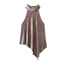 ZEVITY Women's Solid Color Asymmetric Spaghetti Strap Top, Velvet Backless Spaghetti Strap Camisole - Mocha Brown - View 1