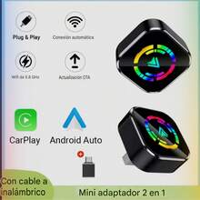 Adaptador Inalámbrico CarPlay & Android Auto 2 en 1 – Conexión Instantánea, Sin Cables, Sin Interrupciones / Convierte tu sistema CarPlay o Android Auto tradicional con cable en una experiencia totalmente inalámbrica, rápida y estable. Este mini adaptador 2 en 1 ofrece tecnología avanzada de WiFi 5.8 GHz, conexión automática y actualizaciones OTA que garantizan un rendimiento fluido y sin retrasos en cada viaje. / Beneficios que realmente notarás  Conéctate a CarPlay/Android Auto sin sacar tu teléfono del bolsillo.  Di adiós a los cables dañados, enredos o puertos flojos.  Navega con Waze o G o o g l e Maps de manera instantánea y fluida.  Audio sin interrupciones en llamadas, mensajes y música.  Ahorra tiempo: el sistema inicia automáticamente cada que enciendes el auto.  Mejor estabilidad gracias al WiFi 5.8 GHz, ideal para viajes largos.  Luce moderno y premium dentro de tu vehículo gracias a su diseño con iluminación LED. U ber, Didi, Indrive, Taxi - Negro - Ver 6