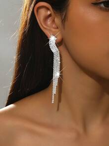 1 Pair Fashionable Copper Chain Snake Shaped Long Tassel Crystal Dangle Earrings, Chic Style For Women Party - Silver - View 3