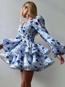 Solstice Apparel Backless Blue Rose Print Dress, Puff Long Sleeve V-Neck Layered Ruffle Mini Dress, Retro Elegant Style, Great For Weddings, Parties & Music Festivals, Spring Summer - Blue - View 8