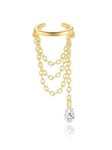 1 pieza Pendientes de doble capa de plata de ley 925, pendientes de lujo con borla y clip para mujer, adecuados para joyas de boda de novia - Dorado - Ver 4