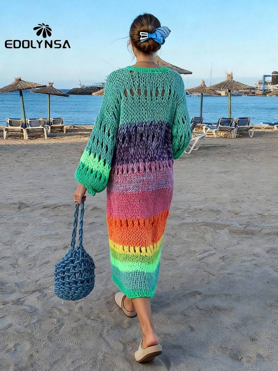 Luxuriously Handknitted Boho Colorful Coat Bell Sleeve Crochet Kimono Cardigan 2024 Autumn Winter Knit - 彩色 - 查看 1