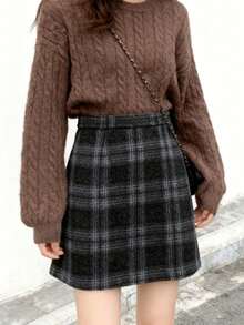 女士时尚撞色格纹高腰紧身半身裙 - 黑色 - 查看 2