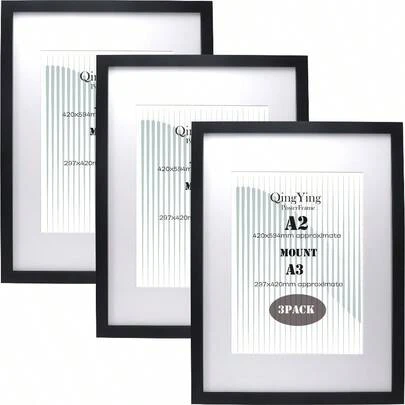 Boxed Picture Frames Set Of 3 With Acid Free Mount For A2, Colour Available:.WHITE, BLACK, NATURE WOOD, BLACK/WHITE 2TONE, WOOD/WHITE 2TONE