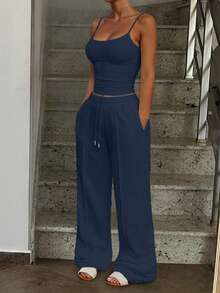 Plain Colored Skinny Camisole And Drawstring Waistband Pockets Sweatpants Set - Navy Blue - View 6