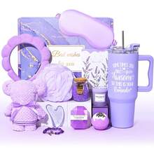 Unique Care Gifts For Women,Relaxing Spa Gift Basket Set,  Bath Sets Gift, With Stainless Steel Tumbler & Flannel Blanke,9/10/12-Piece,Holiday Gifts,Birthday Gifts For Mom, Sister,Best Friend,Wife,Graduation Gift Boxes - 紫色-40盎司 - 查看 3